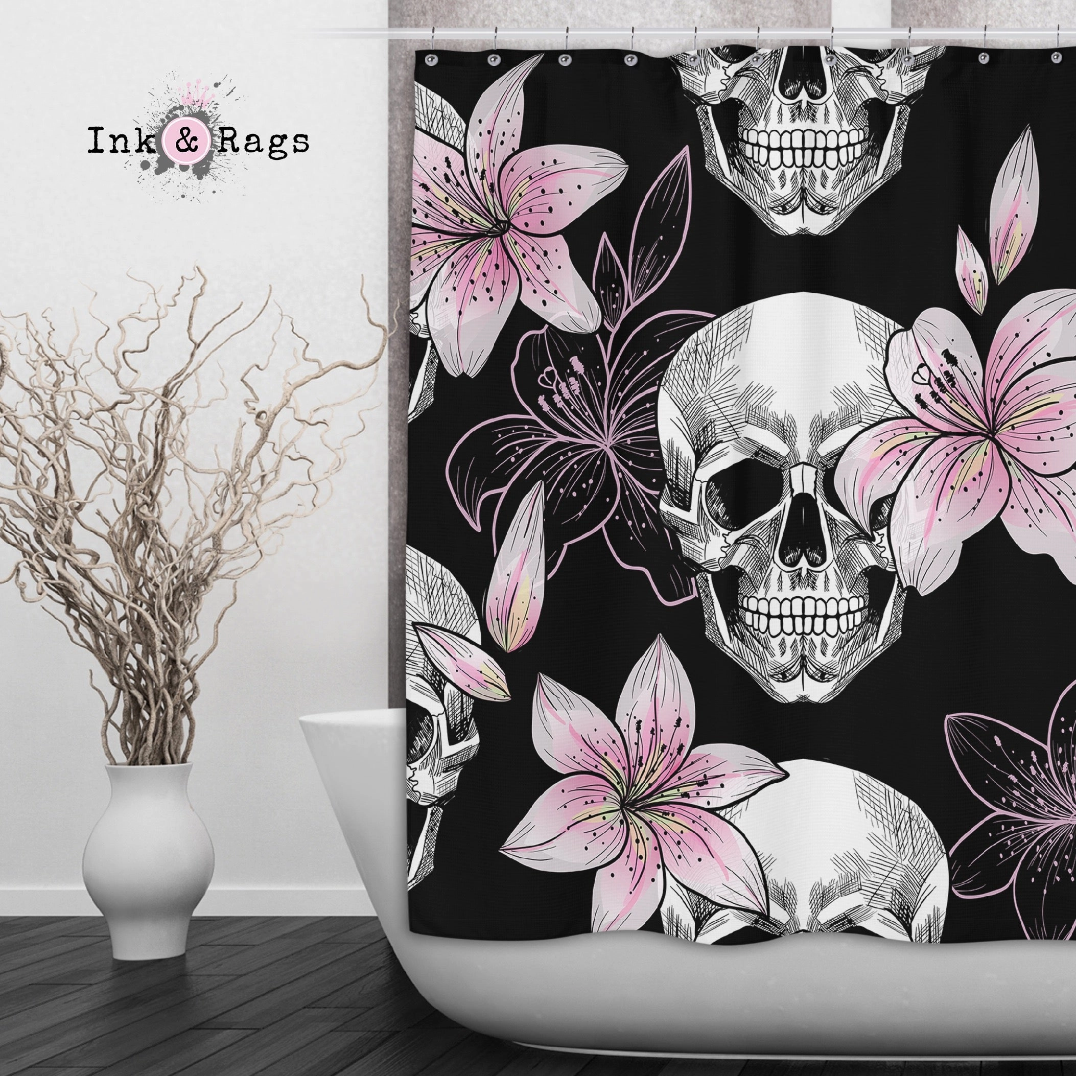 Pink Lily and Skull Shower Curtains and Optional Bath Mats Lighting,Lamps Fixtures