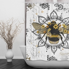 Poison Bee Mandala Skull White Shower Curtains and Optional Bath Mats Lighting,Lamps Fixtures