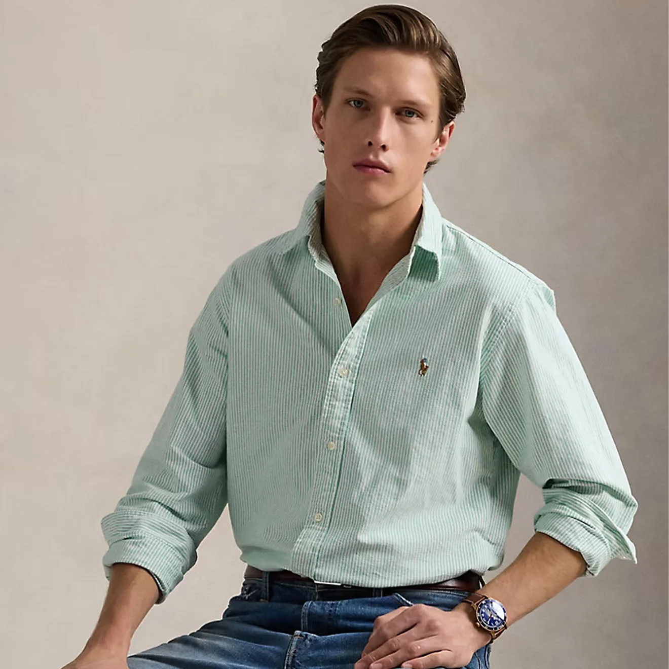 Polo Ralph Lauren Long Sleeve Sport Shirt Custom F Summer Emerald / White