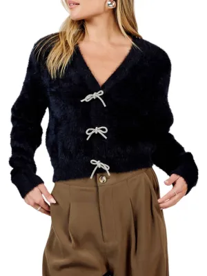 Porcelain Cardigan With Rhinstone Bows In Black