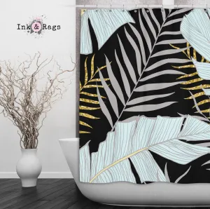 Powder and Gold Palm and Banana Leaf Black Shower Curtains and Optional Bath Mats Lighting,Lamps Fixtures