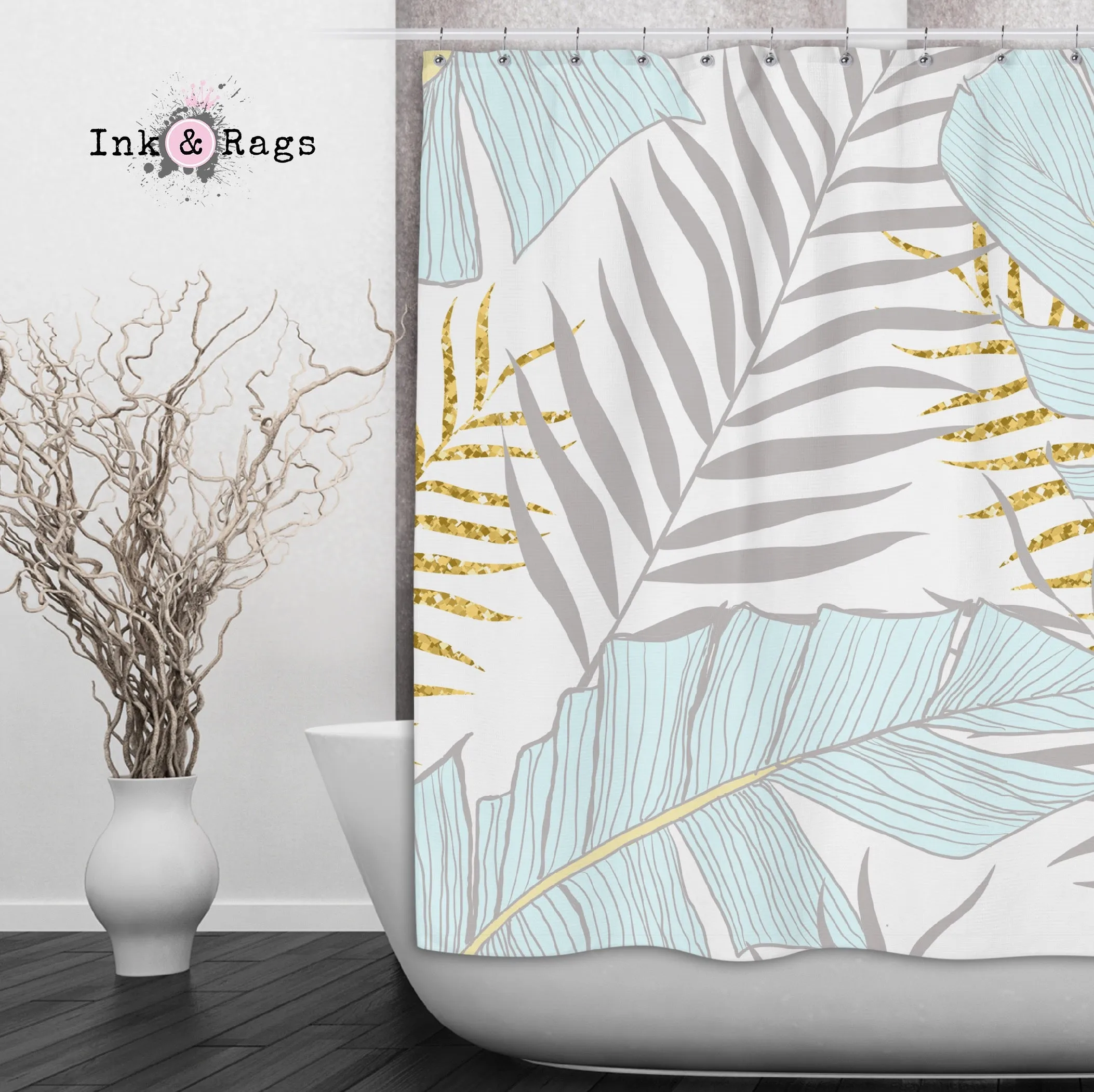 Powder and Gold Palm and Banana Leaf Shower Curtains and Optional Bath Mats Lighting,Lamps Fixtures