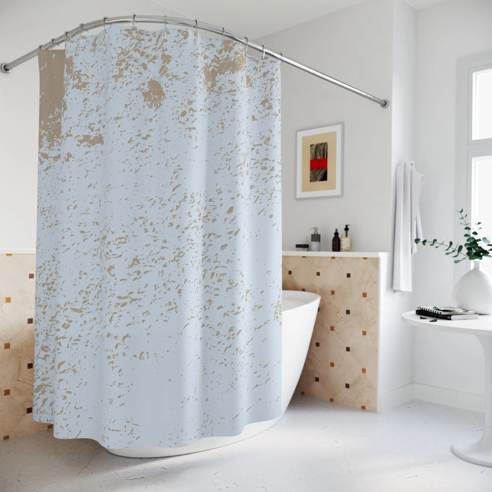 Powder Blue Shower Curtain | Beige Minimalist Fabric Curtain