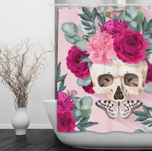 Powder Pink and Fuchsia Rose Butterfly Skull Shower Curtains and Optional Bath Mats Lighting,Lamps Fixtures