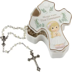 Precious Moments Blessings On Your First Communion Cross-shaped Girl Rosary Box with White Beaded Rosary and Metal Cross Decorative Mirror,Home Decor Mirror