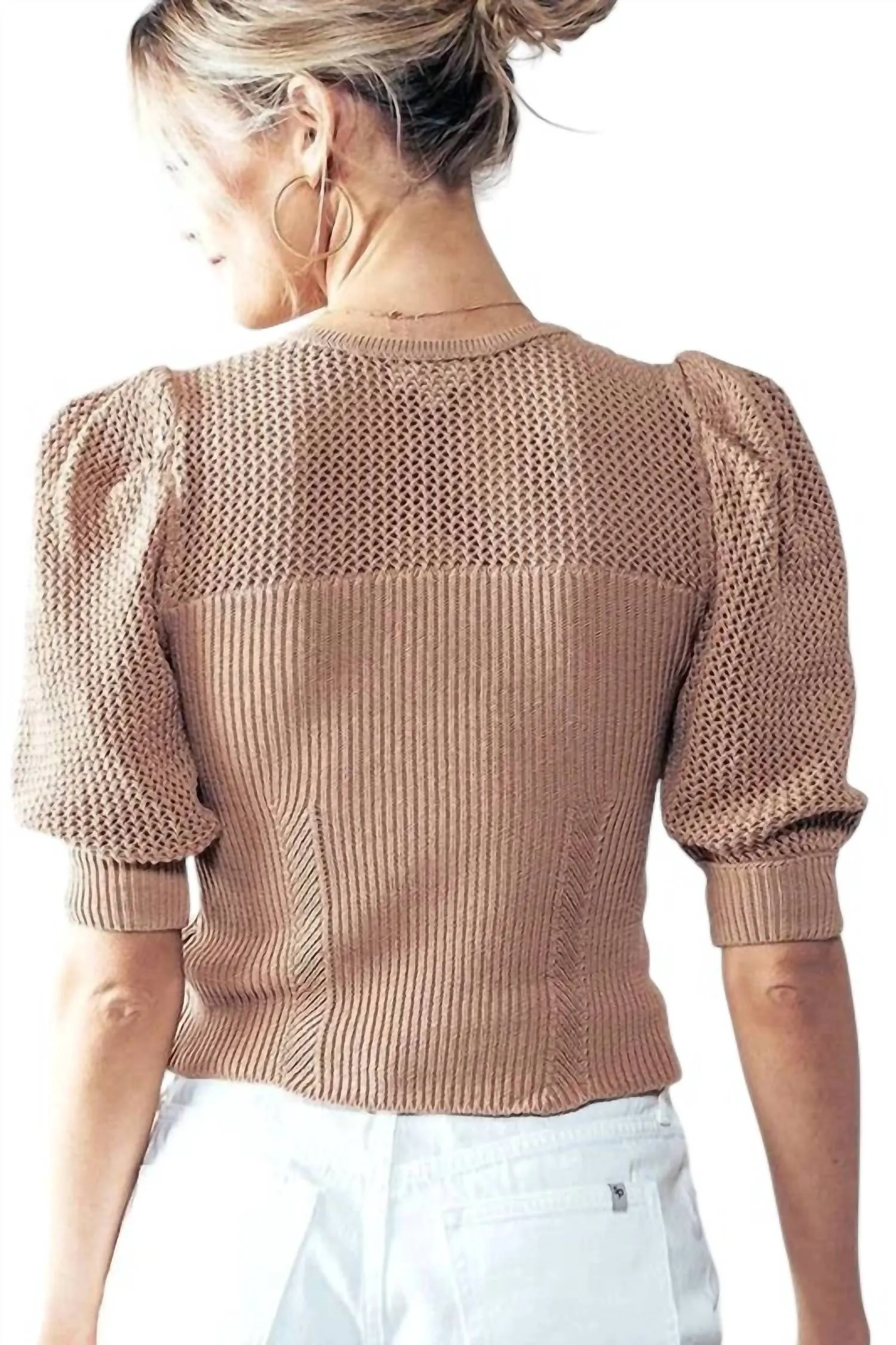 Puff Short Sleeve Knit Top In Taupe