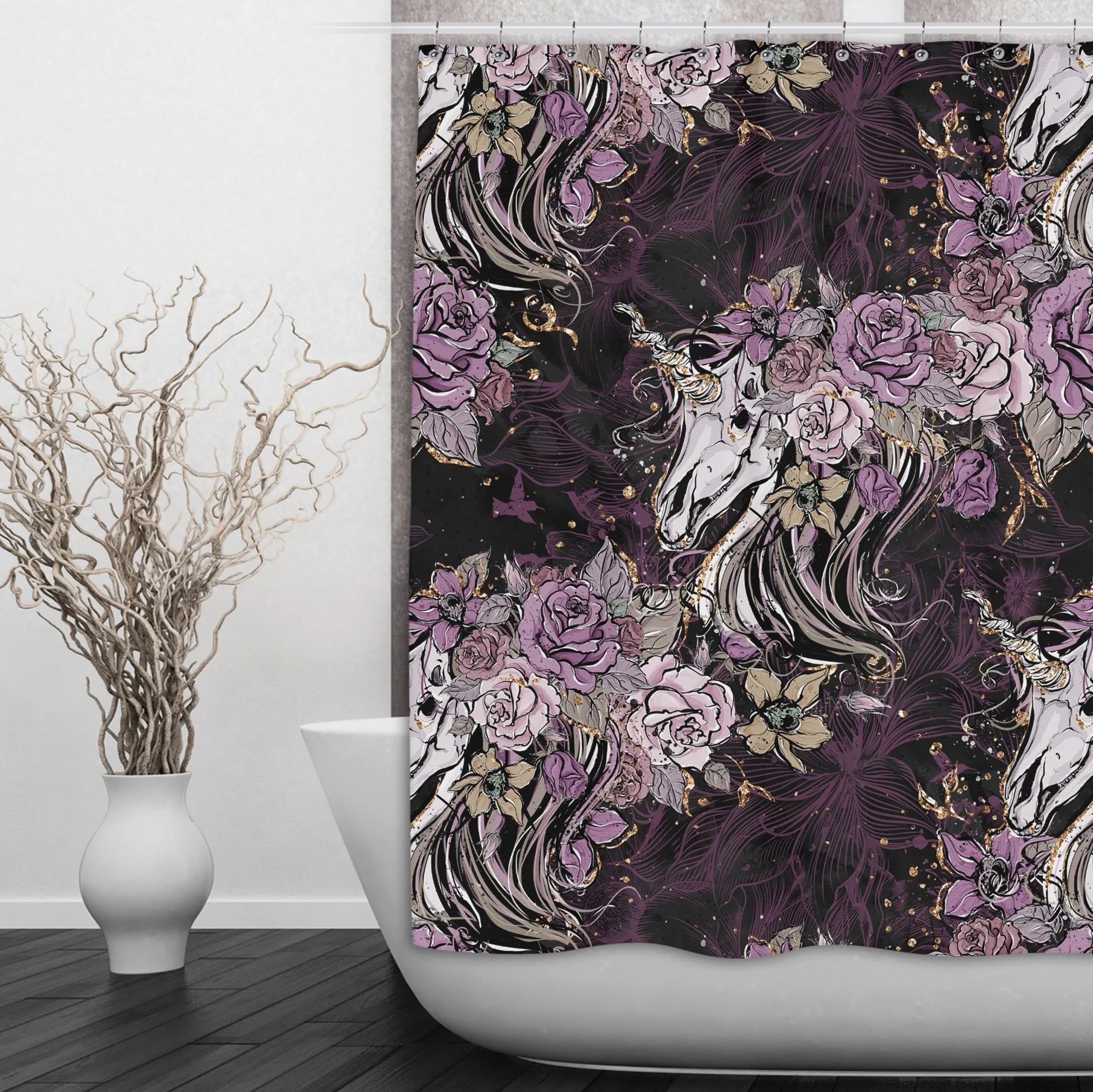 Purple Rose Unicorn Skull and Death Moth Shower Curtains and Optional Bath Mats Lighting,Lamps Fixtures