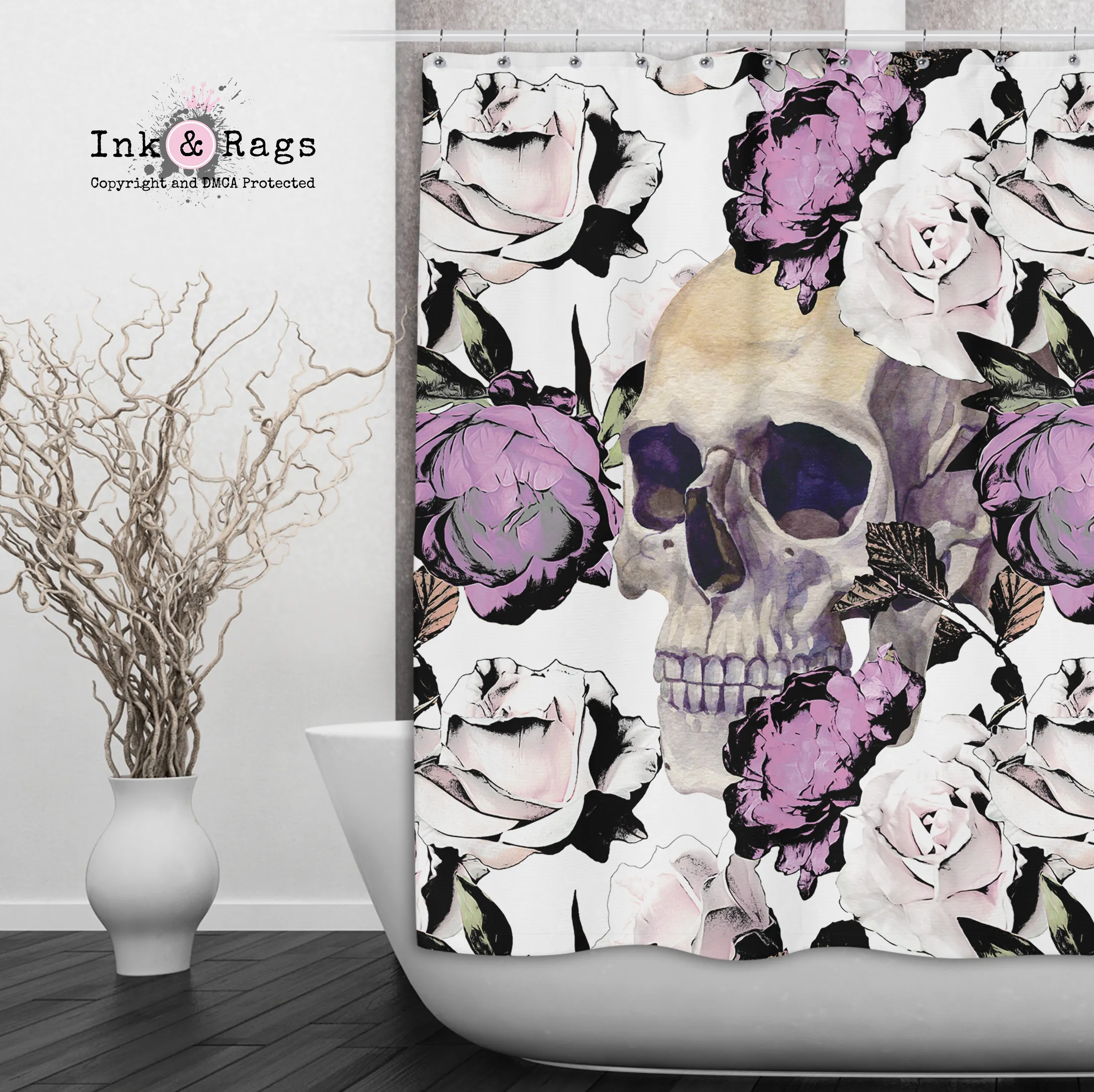 Purple Roses with Peeking Skull Shower Curtains and Optional Bath Mats Lighting,Lamps Fixtures