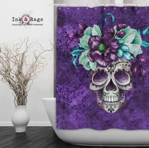 Purple Webbed Sugar Skull and Flower Shower Curtains and Optional Bath Mats Lighting,Lamps Fixtures