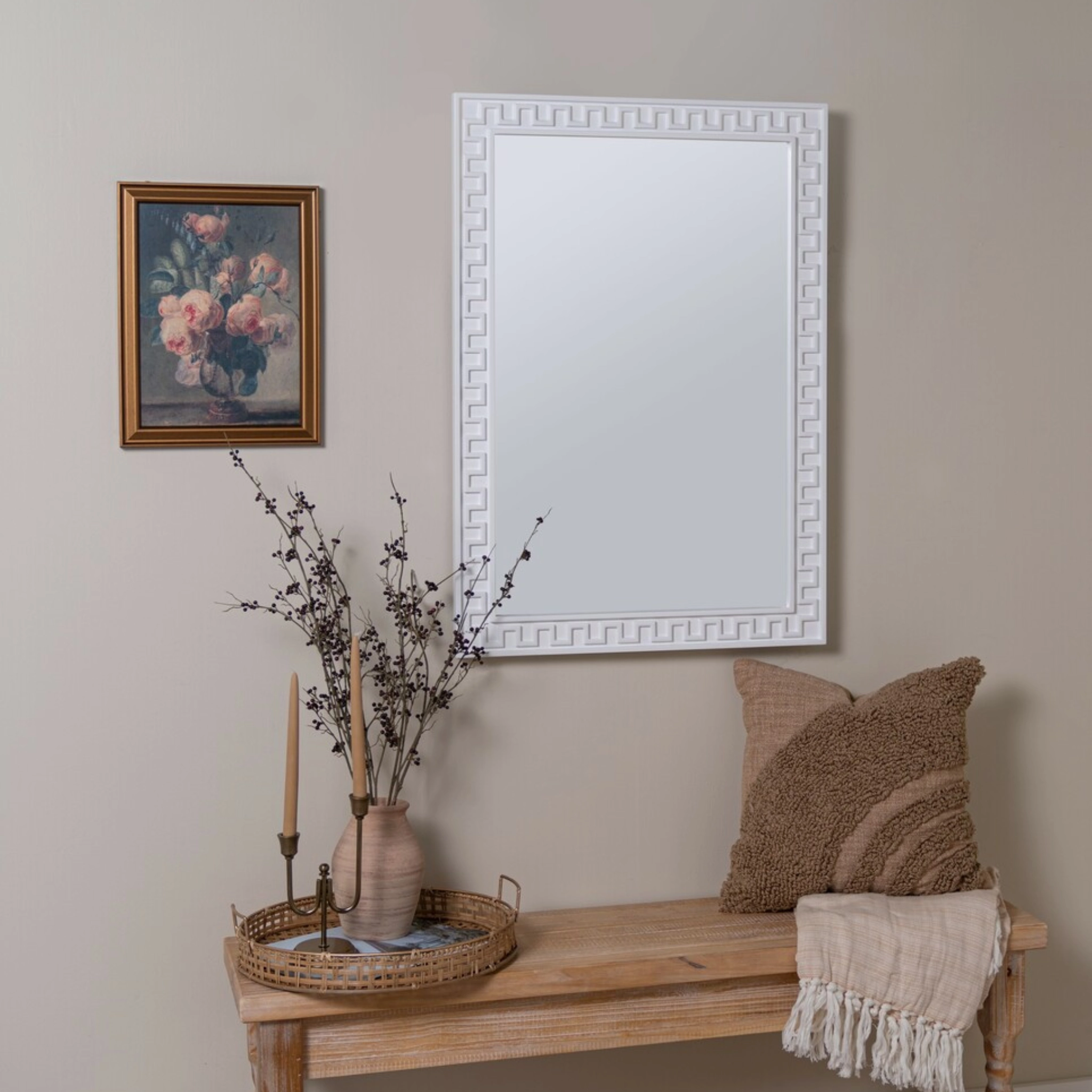 Rectangular Glossy White Greek Key Motif Wall Mirror