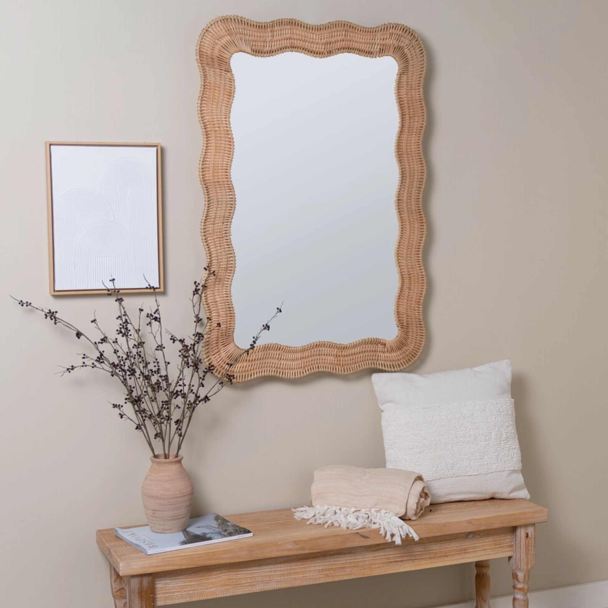 Rectangular Natural Rattan Scalloped Edge Wall Mirror