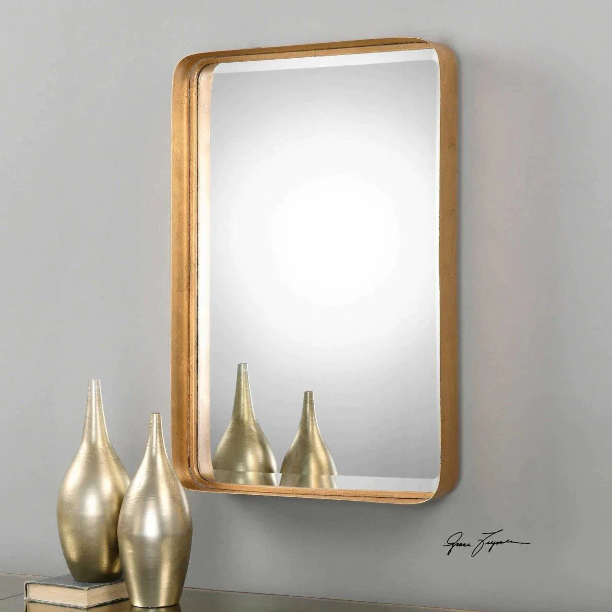 Rectangular Vanity Mirror with Curved Edges and Gold Leafed Frame