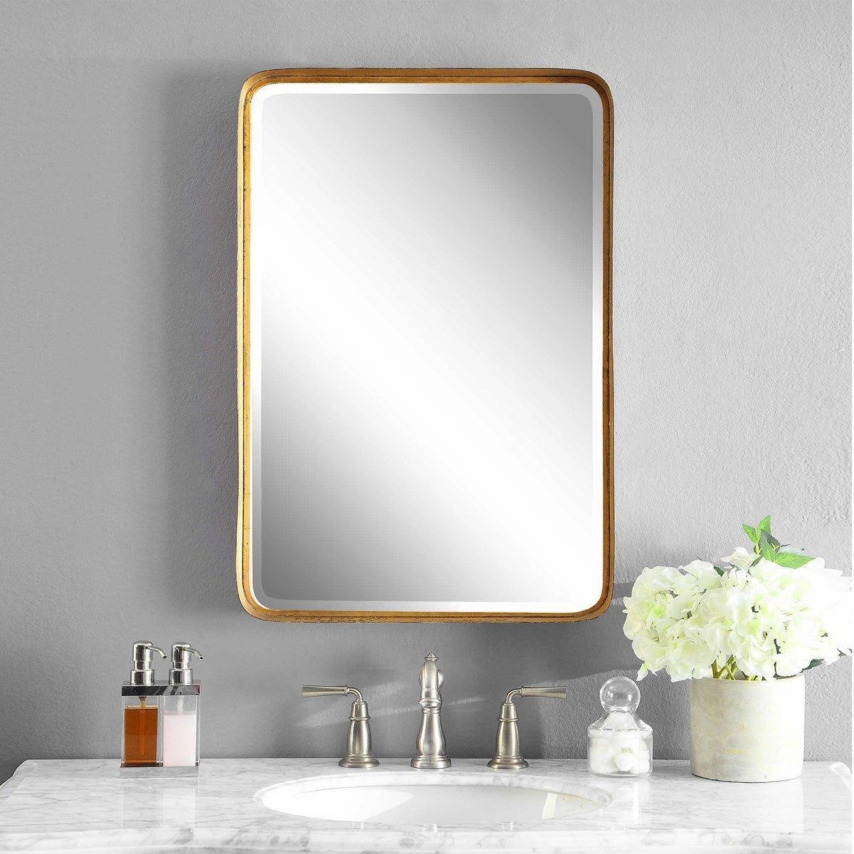 Rectangular Vanity Mirror with Curved Edges and Gold Leafed Frame