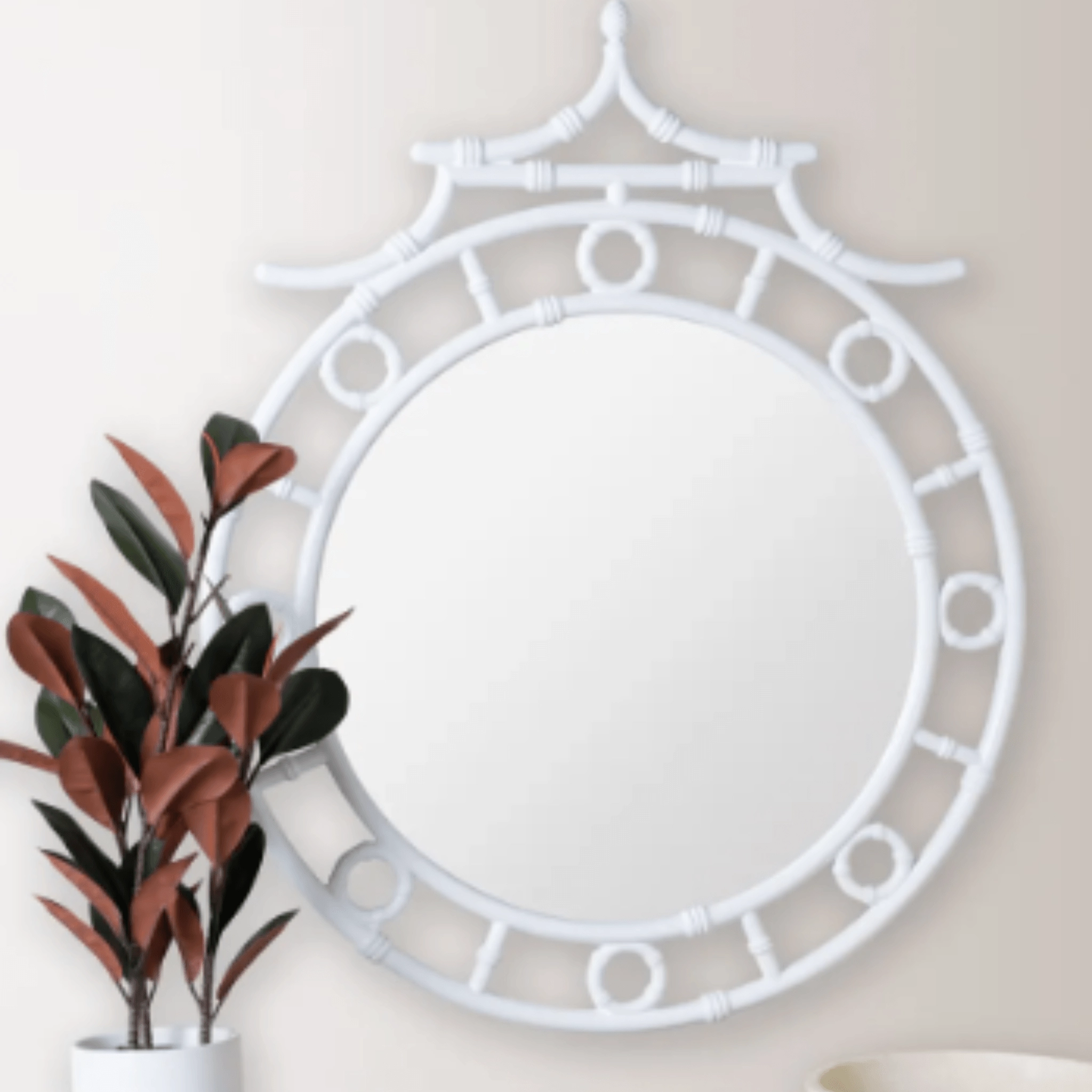 Reena Glossy White Round Bamboo Inspired Wall Mirror