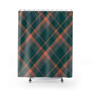 Retro Plaid Shower Curtain | Forest Green, Orange Bath Curtain Lighting,Home Lighting