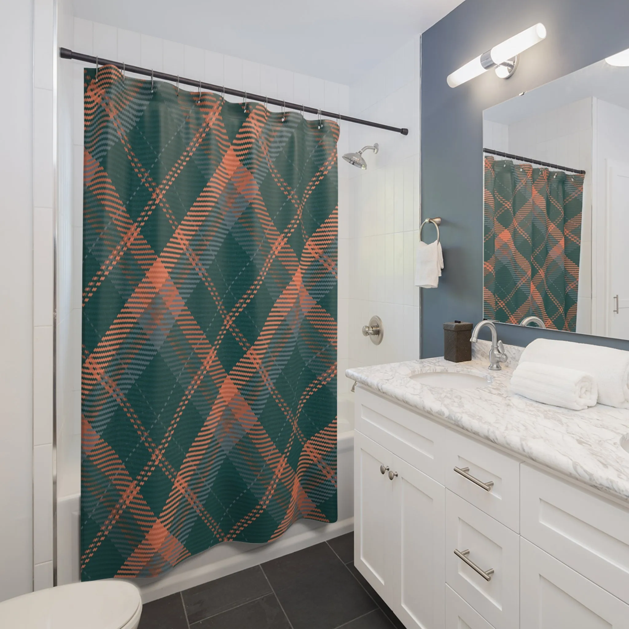 Retro Plaid Shower Curtain | Forest Green, Orange Bath Curtain