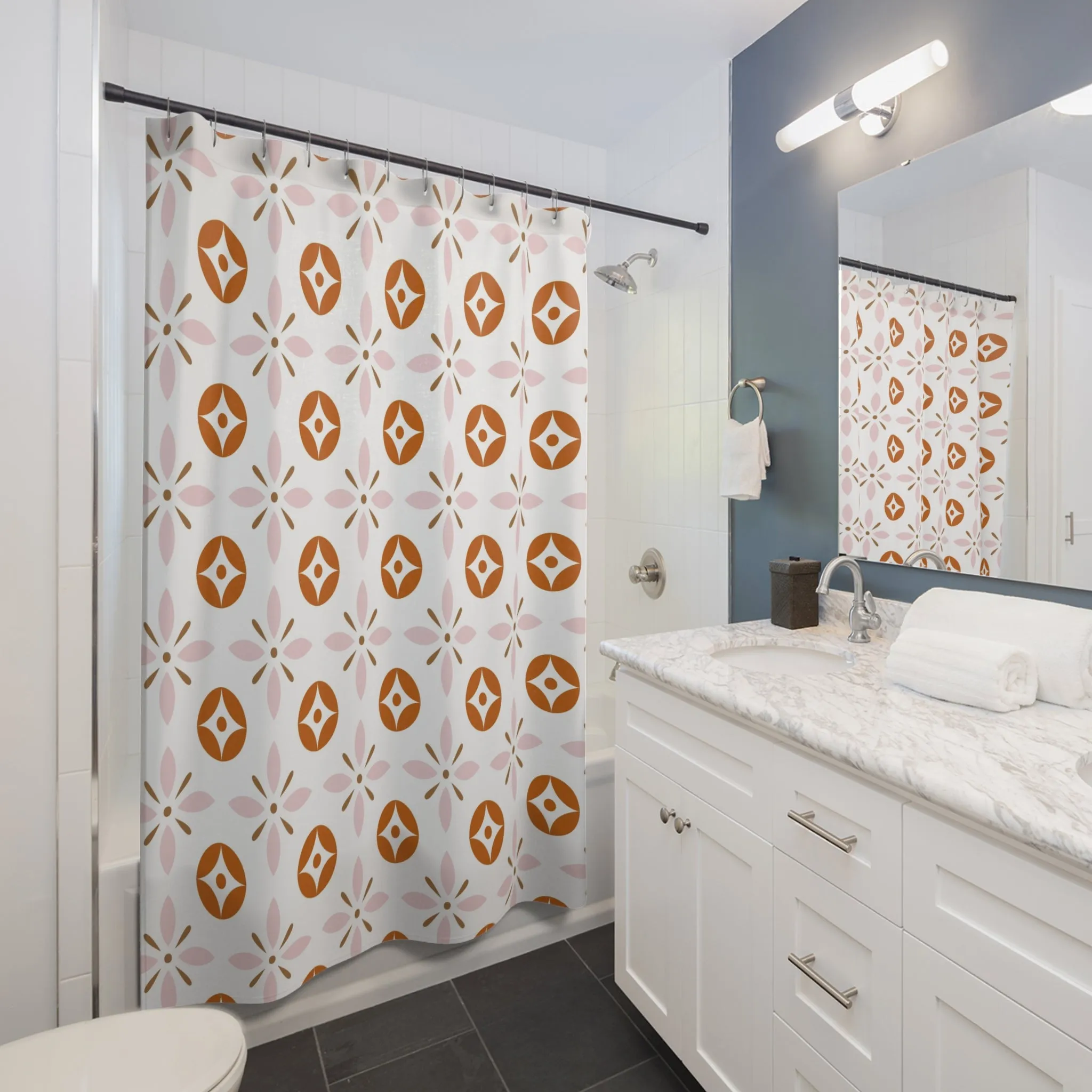 Retro Shower Curtain | Vintage Art Deco, Nouveau Pink, Orange White