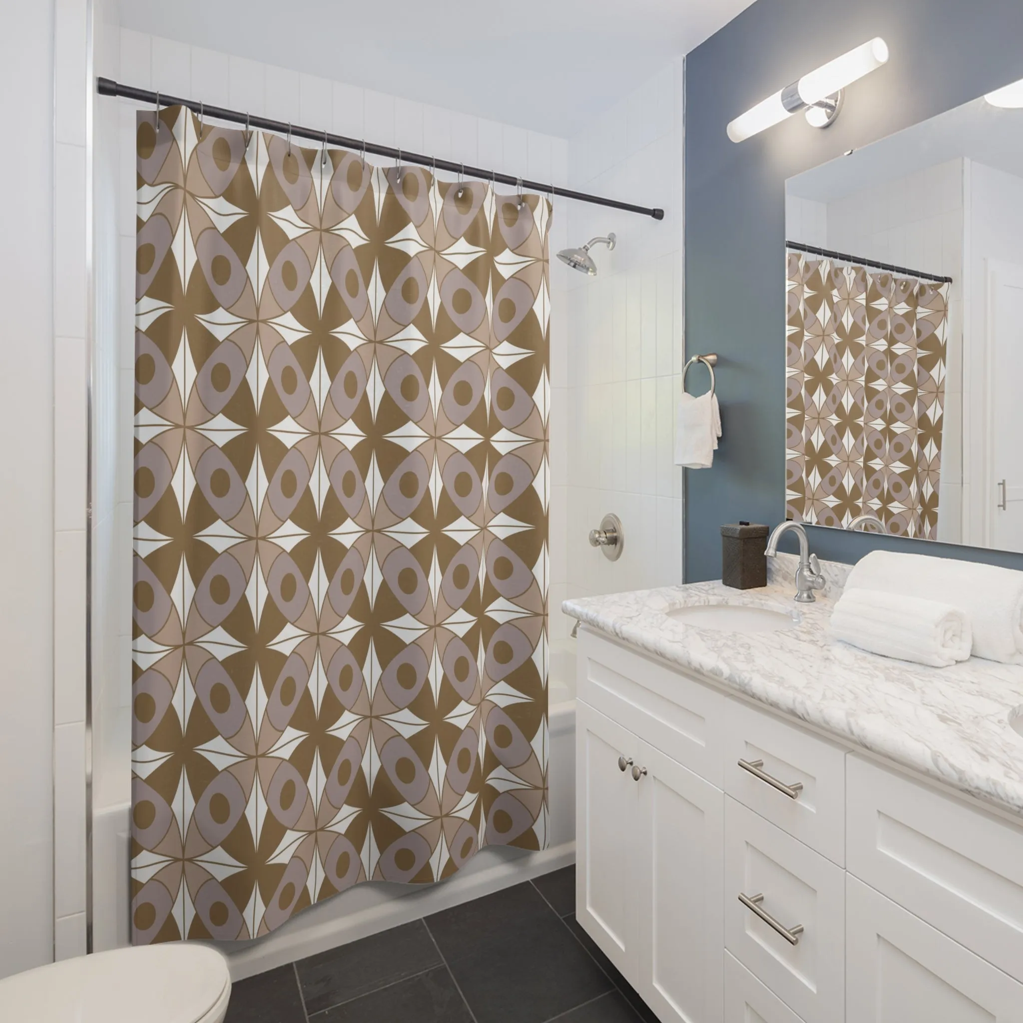 Retro Shower Curtain | Vintage Art Deco, Nouveau Taupe Beige, Grey