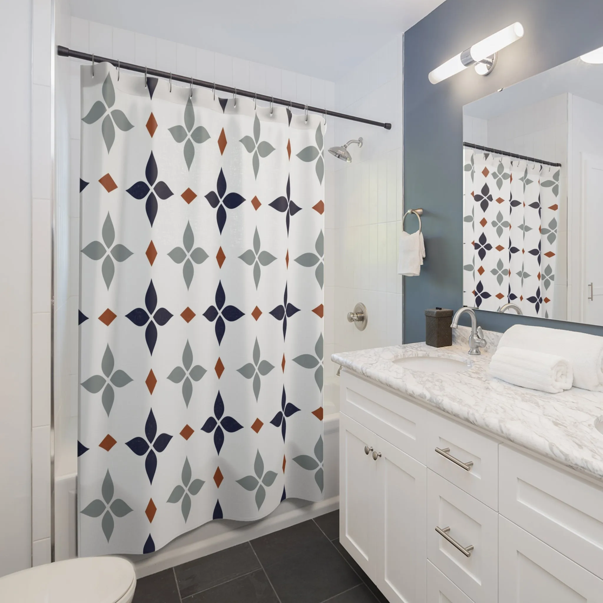 Retro Shower Curtain | Vintage Art Deco, Nouveau White, Navy Blue, Grey