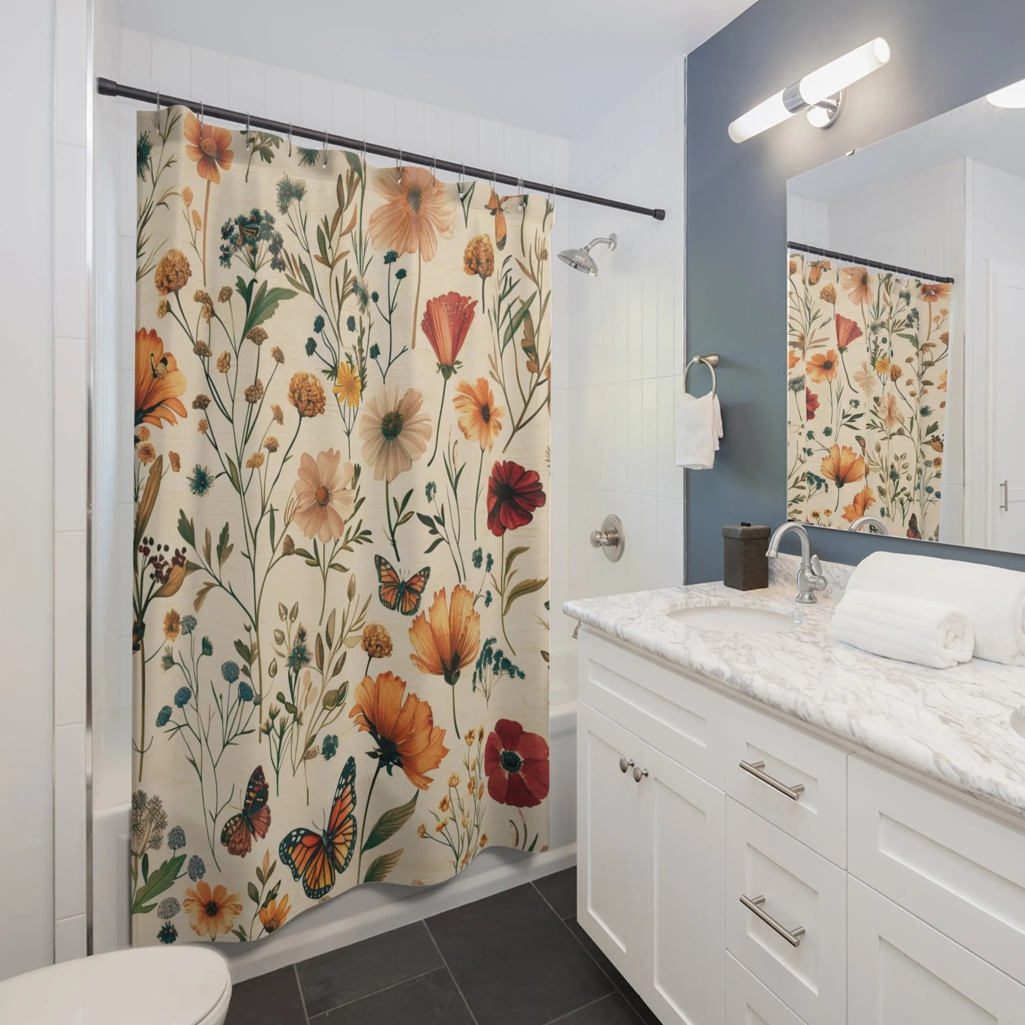 Retro Shower Curtain | Vintage Floral Beige Bath Curtain