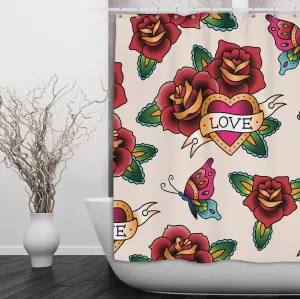 Rockabilly with Love Heart and Rose Design Shower Curtains and Optional Bath Mats Lighting,Lamps Fixtures
