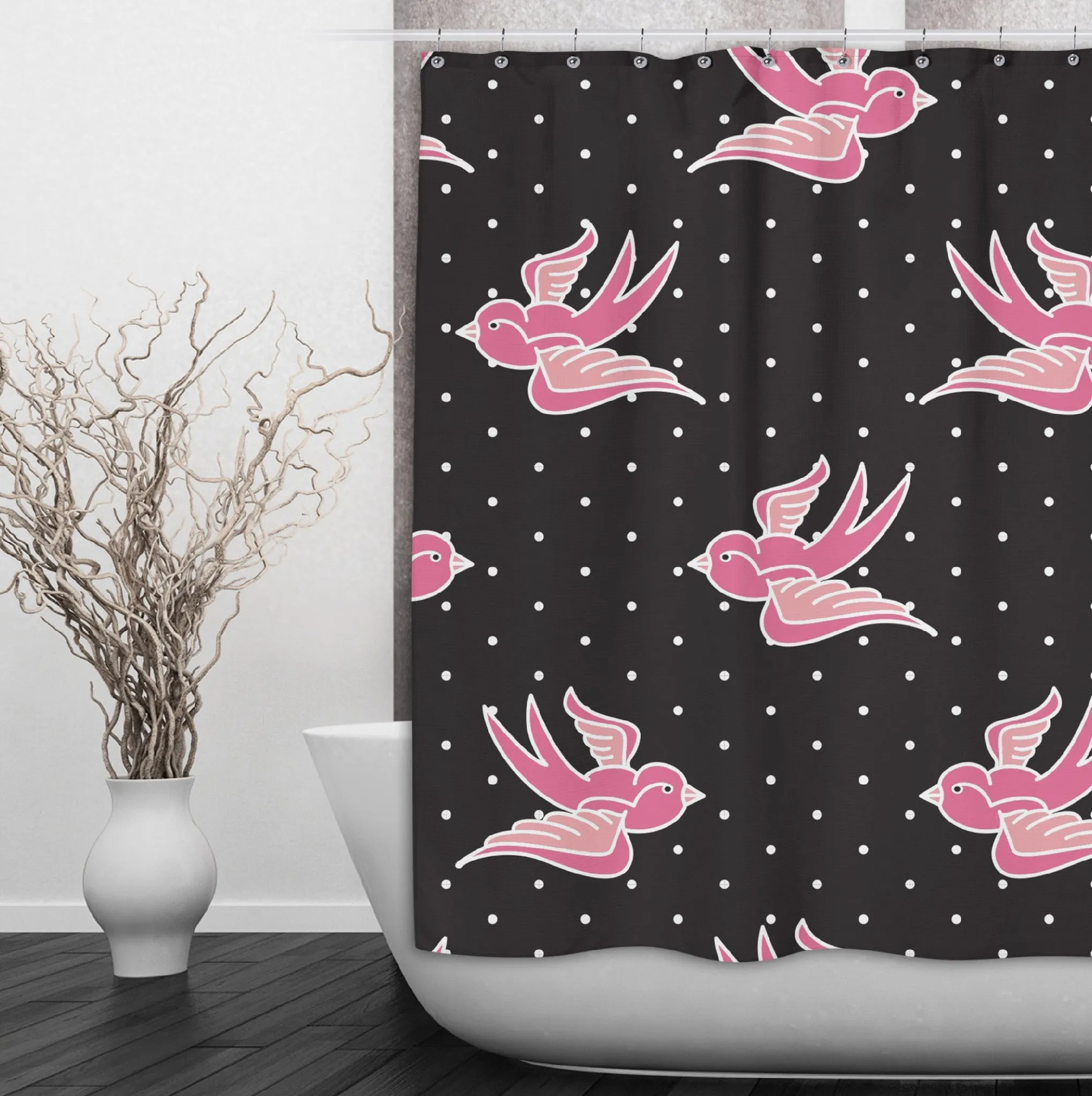 Rockabilly with Pin Dot and Pink Swallows Shower Curtains and Optional Bath Mats Lighting,Lamps Fixtures