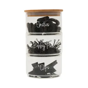 Round Stackable Bamboo Glass Jar Small Pack x 3 Figurines,Decorative Ornaments