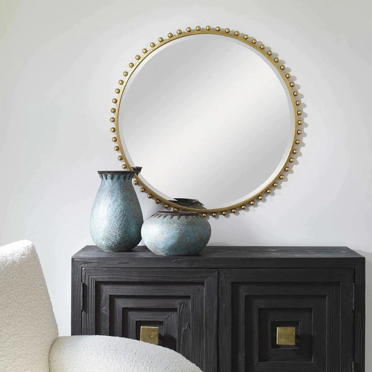 Round Gold Leaf Iron Sphere Trimmed Wall Mirror