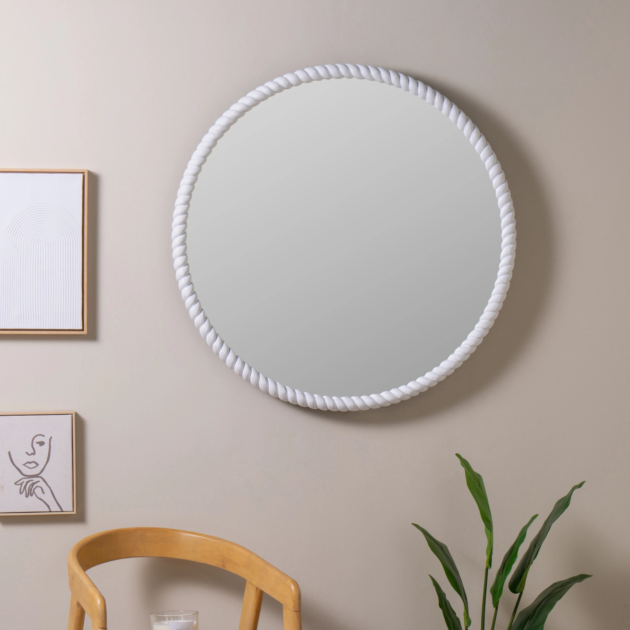 Round Matte White Cord Trimmed Wall Mirror