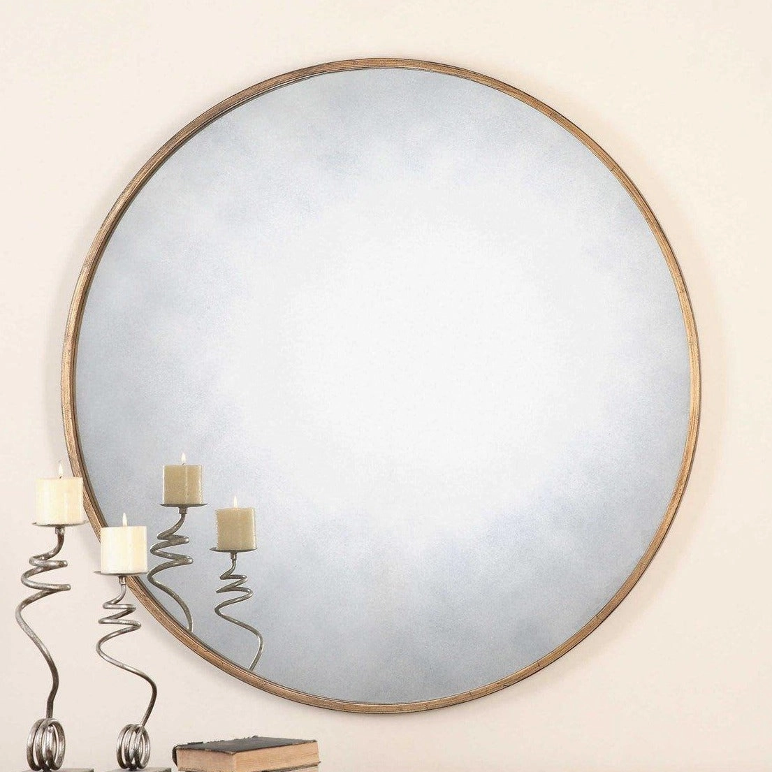 Round Mirror with Antiqued Gold Leaf Frame