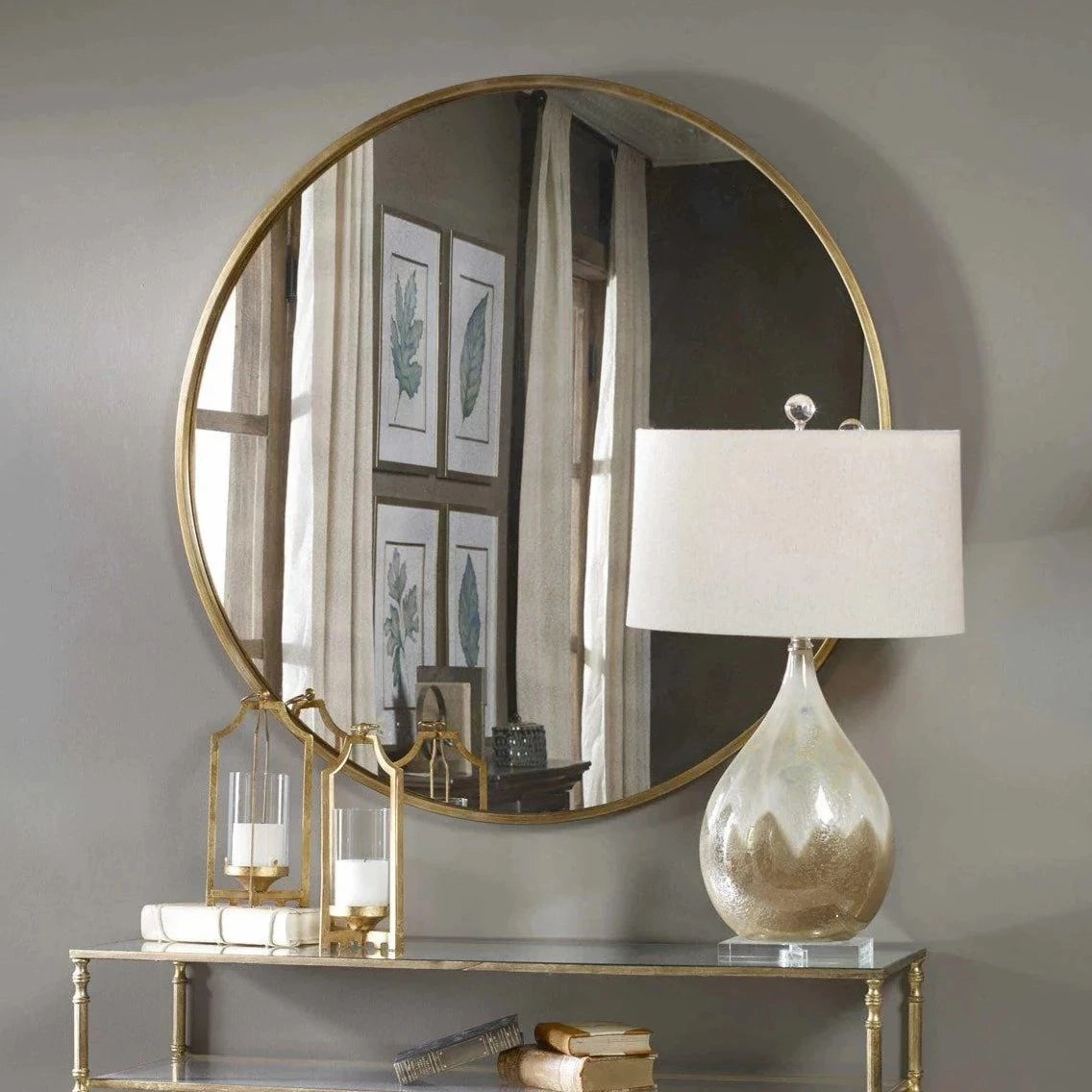Round Mirror with Antiqued Gold Leaf Frame