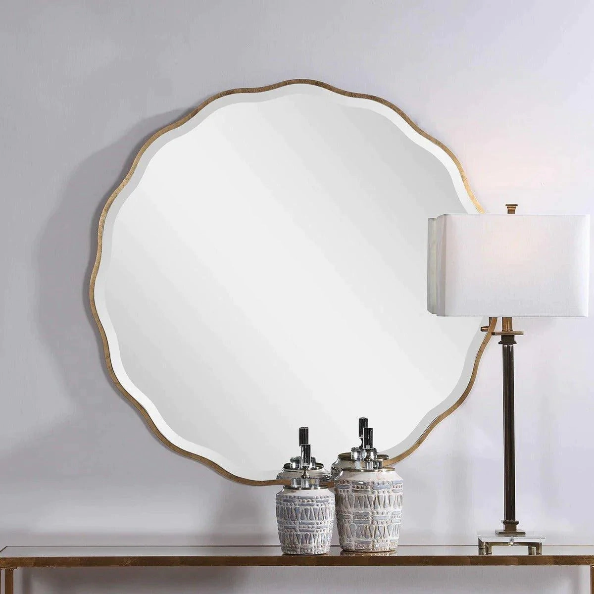 Scalloped Edge Mirror With Wood Frame in Aged Gold Color