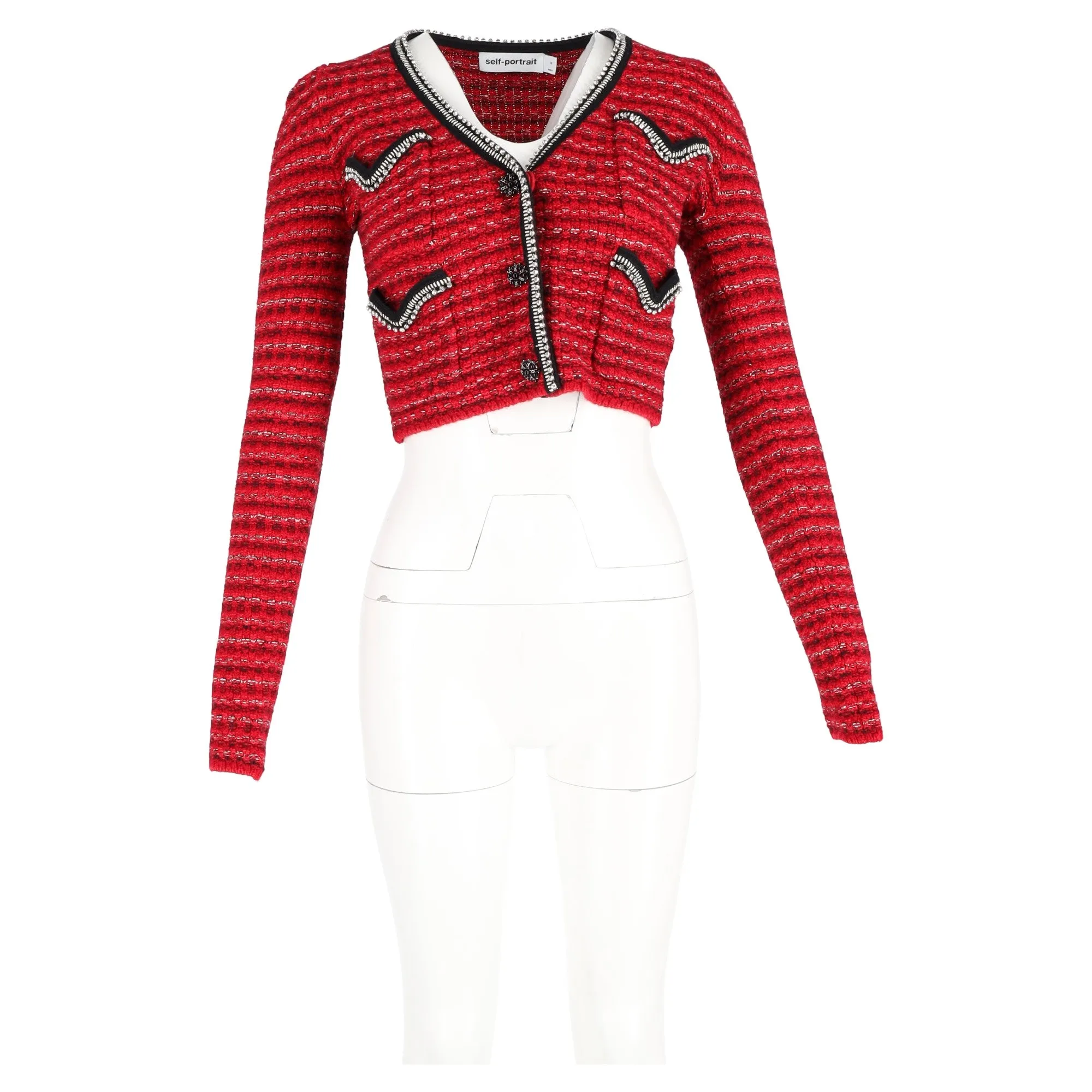 Self-Portrait Embellished Cardigan in Red Tweed Wool