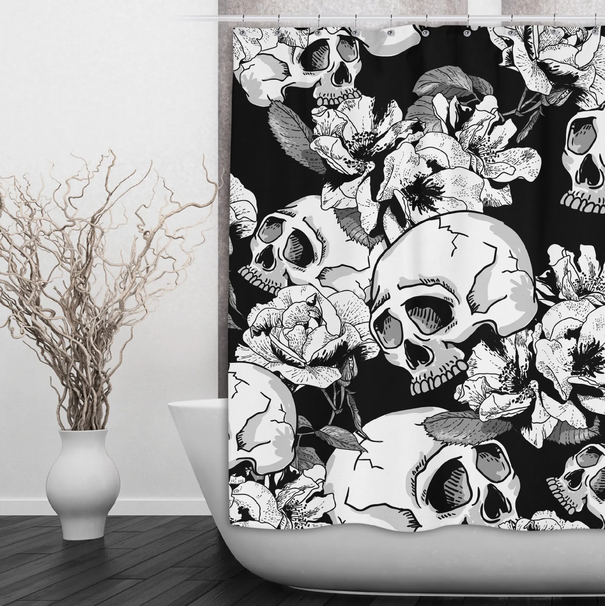 Sexy Black Skull and Flower Shower Curtains and Optional Bath Mats Lighting,Lamps Fixtures