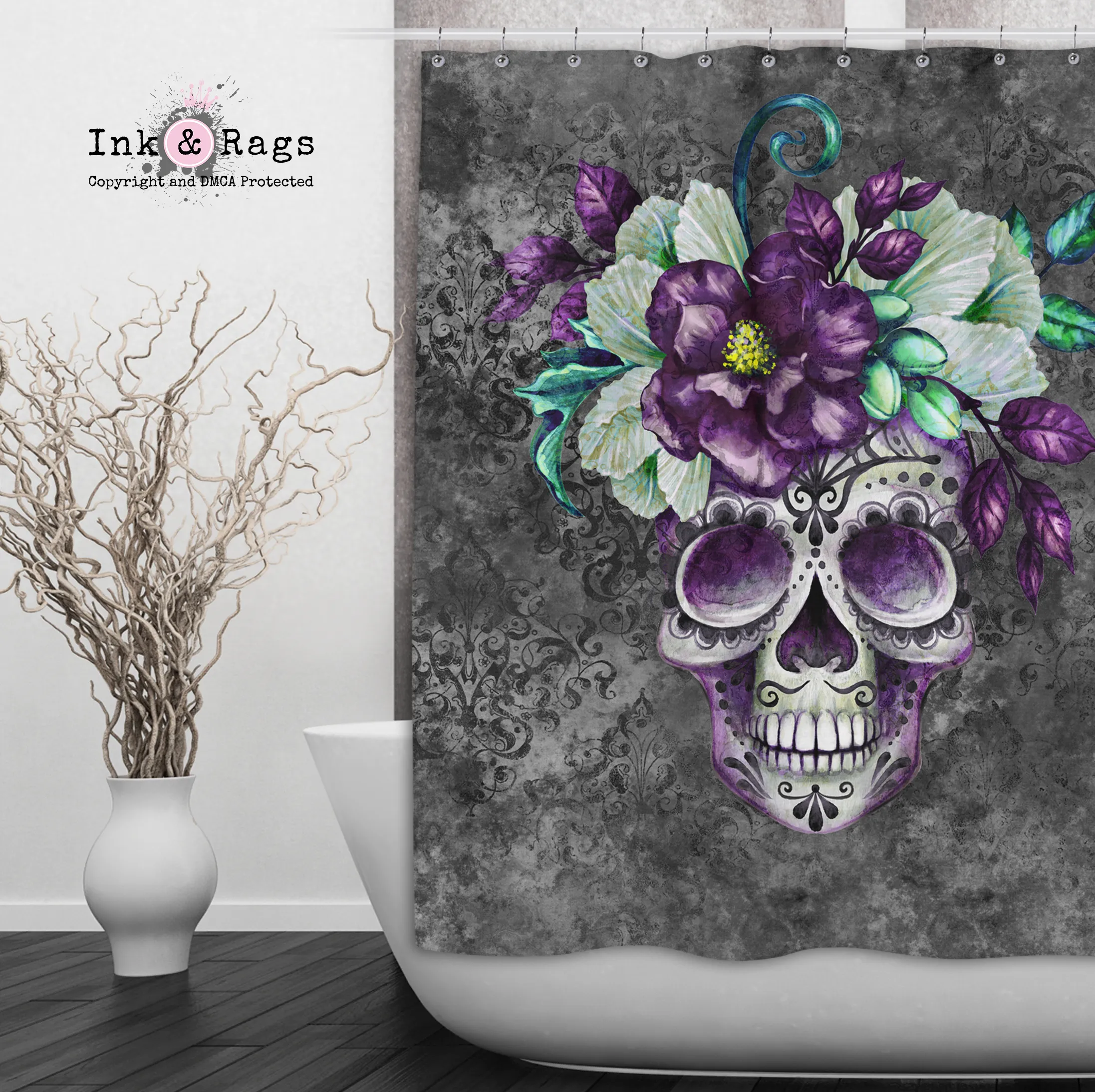 Slate Webbed Sugar Skull and Flower Shower Curtains and Optional Bath Mats Lighting,Lamps Fixtures