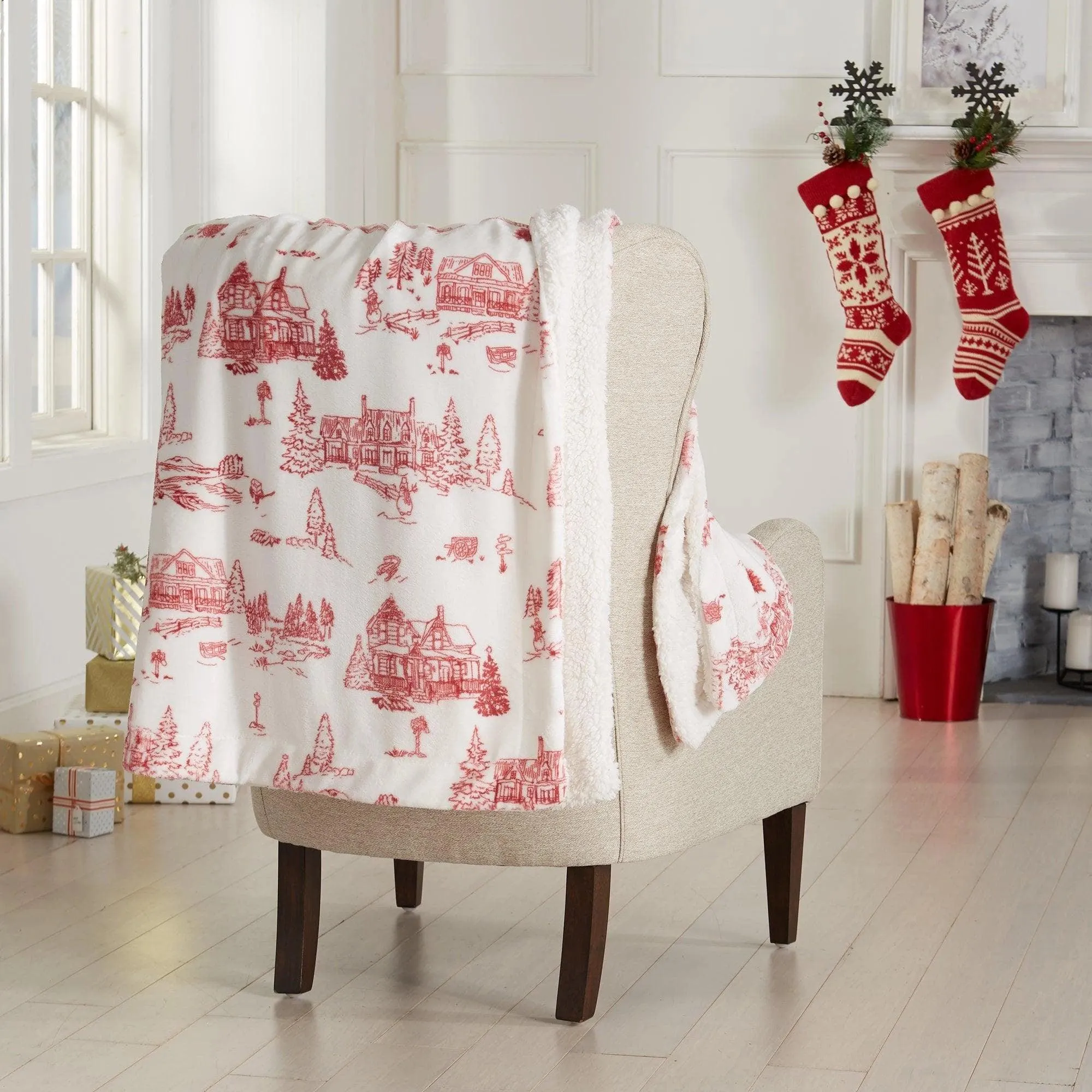 Snowtown Toile Sherpa Throw Blanket bookcase, standing shelf