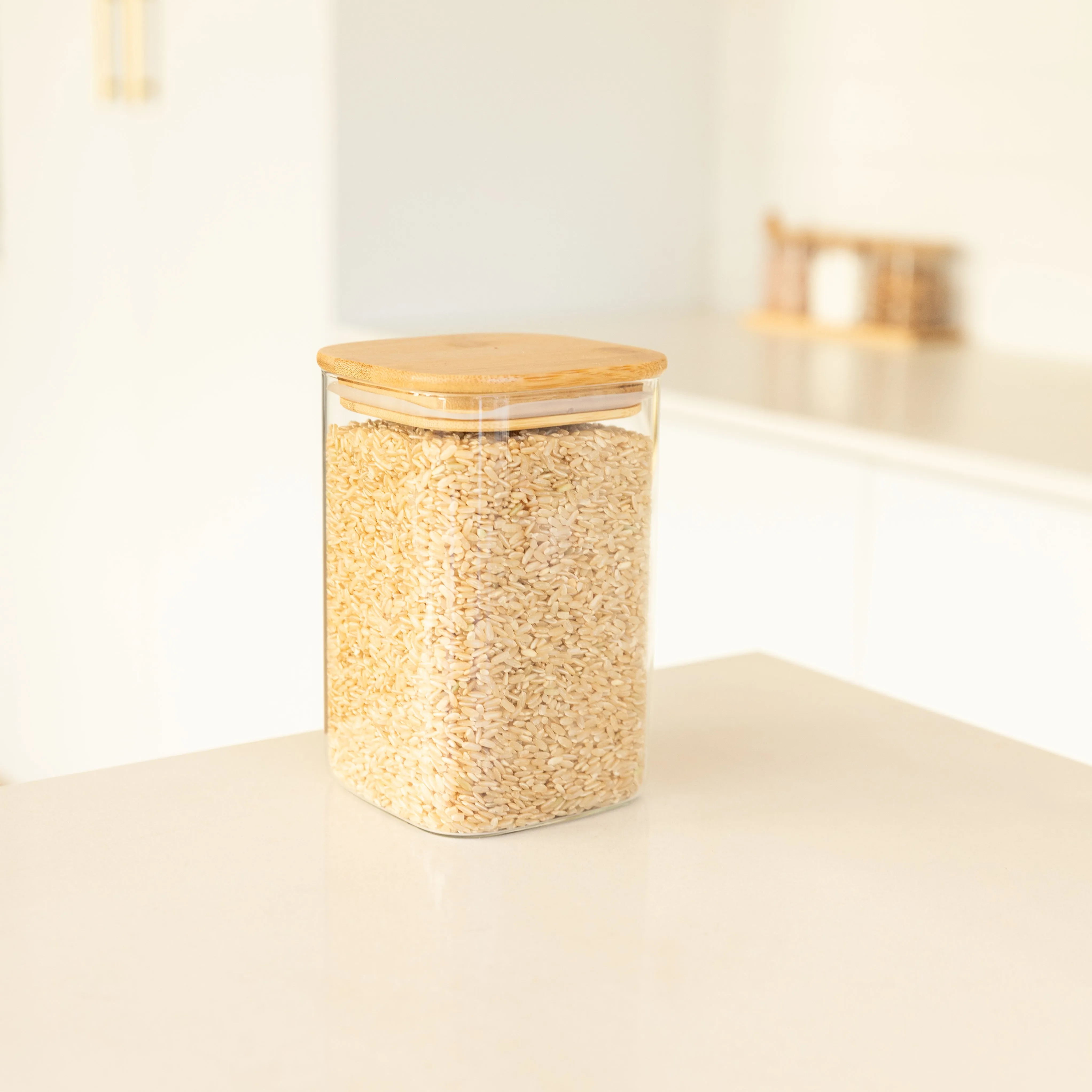 Square Glass and Bamboo Storage Jar - 1.25L Figurines,Decorative Ornaments