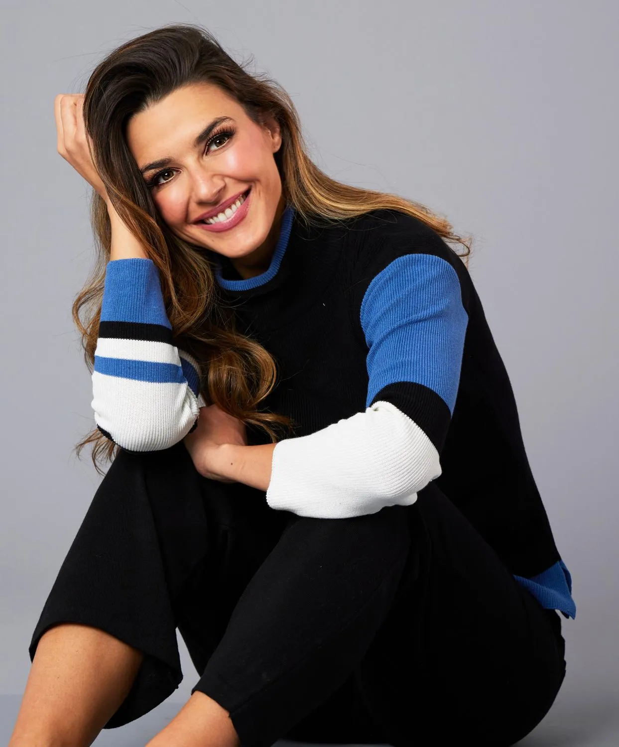 Stripe Sleeve Mock Neck Sweater In Black/denim