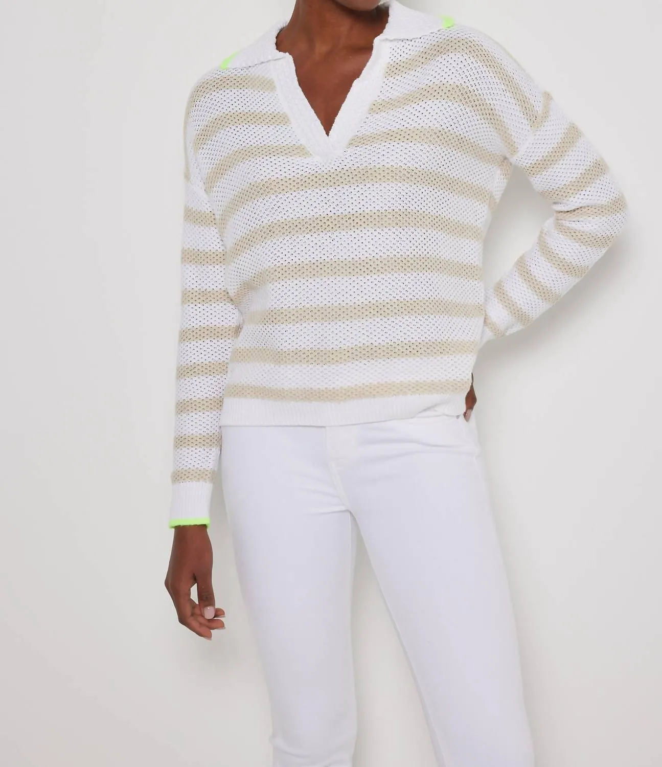 Stripescape Polo-Collar Cotton Sweater In White/almond
