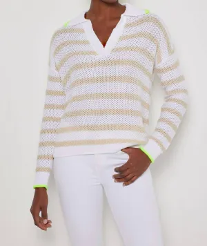 Stripescape Polo-Collar Cotton Sweater In White/almond