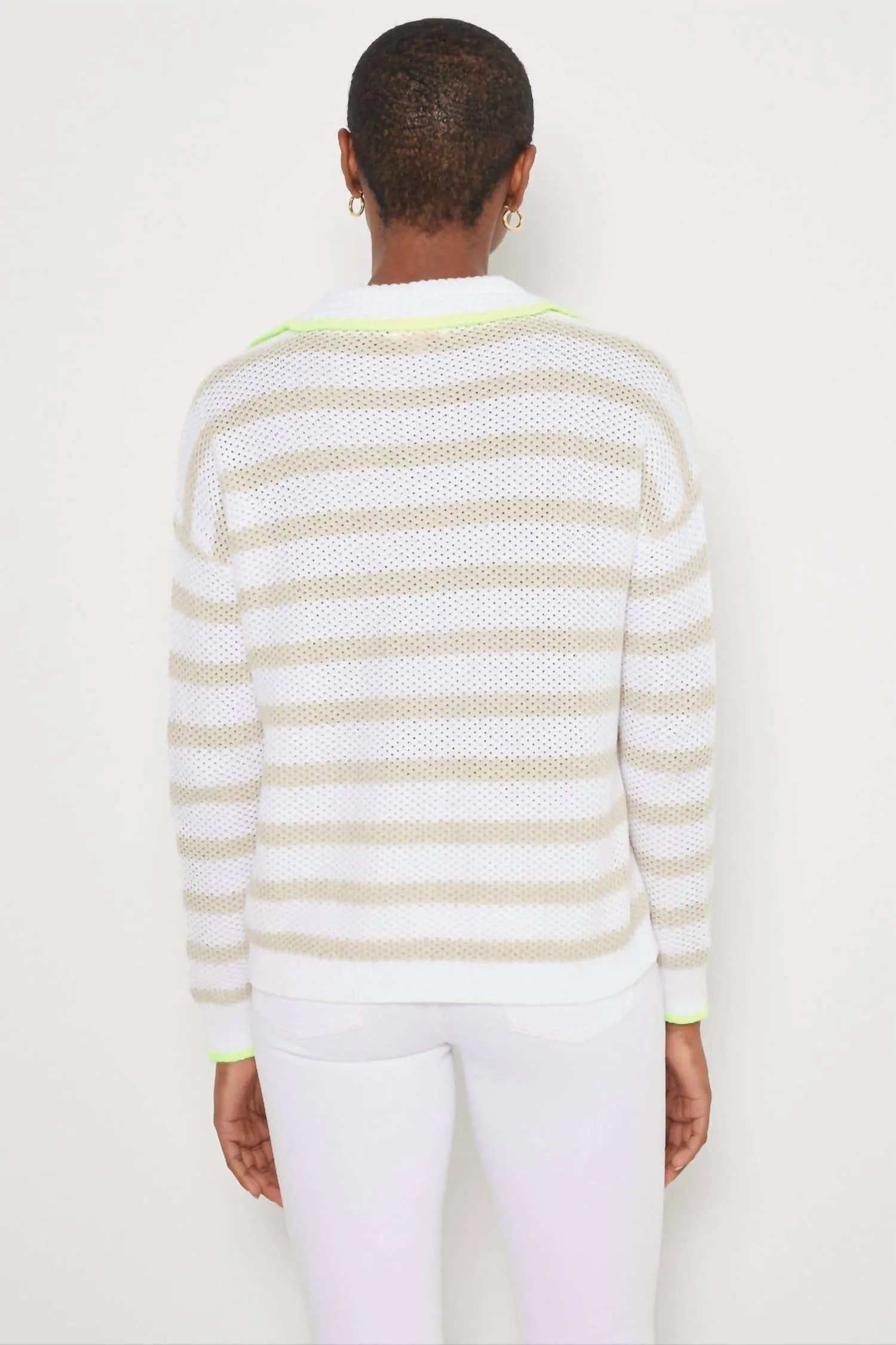 Stripescape Polo-Collar Cotton Sweater In White/almond