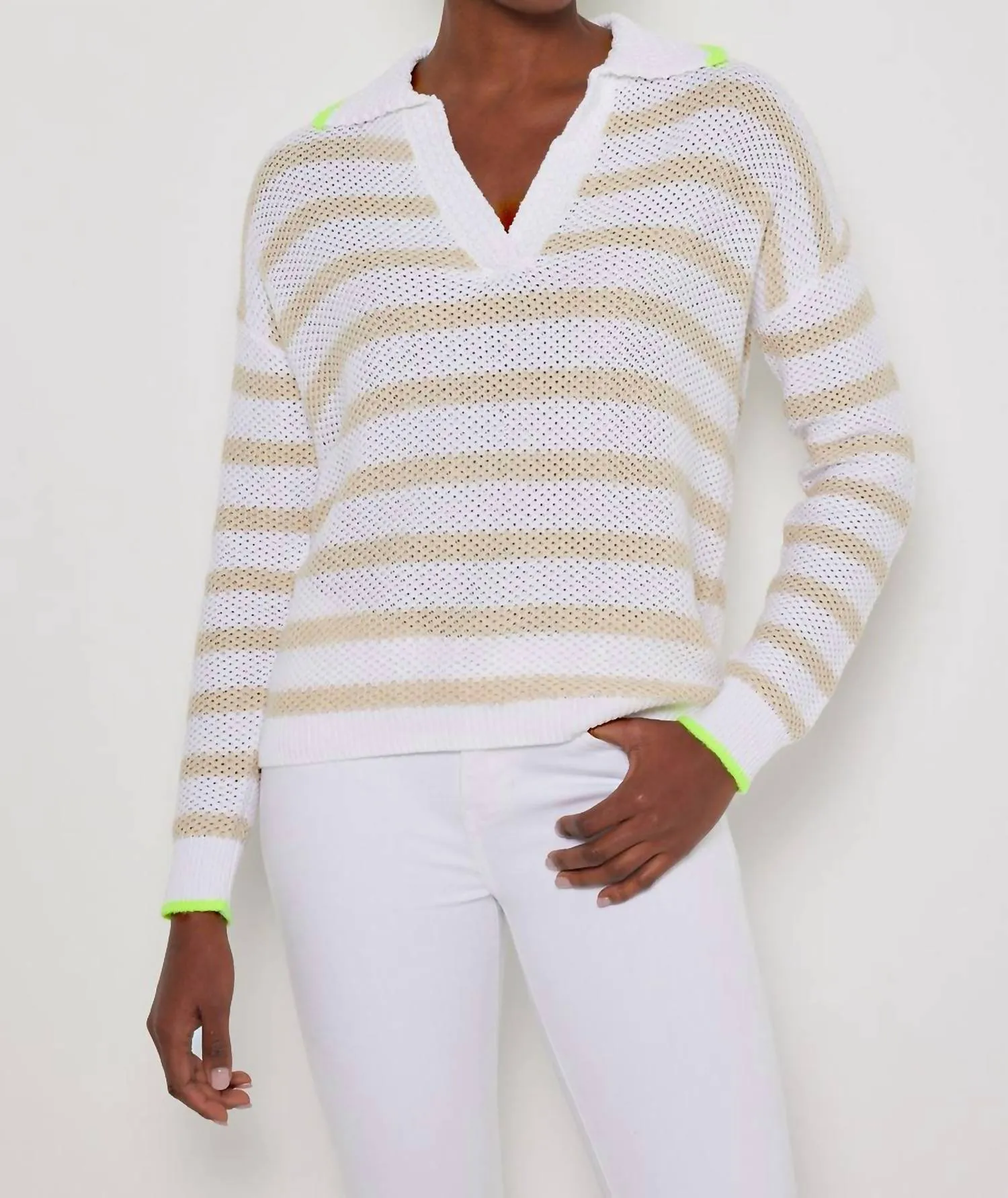 Stripescape Polo-Collar Cotton Sweater In White/almond
