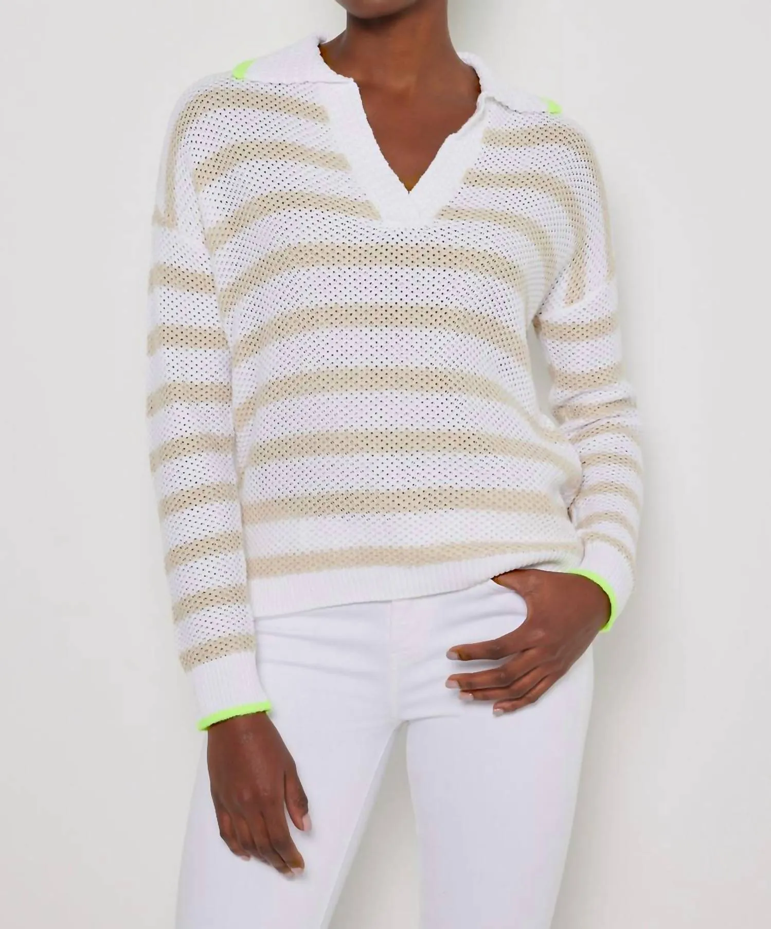 Stripescape Polo-Collar Cotton Sweater In White/almond