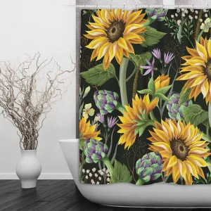Sunflower and Artichoke on Black Shower Curtains and Optional Bath Mats Lighting,Lamps Fixtures