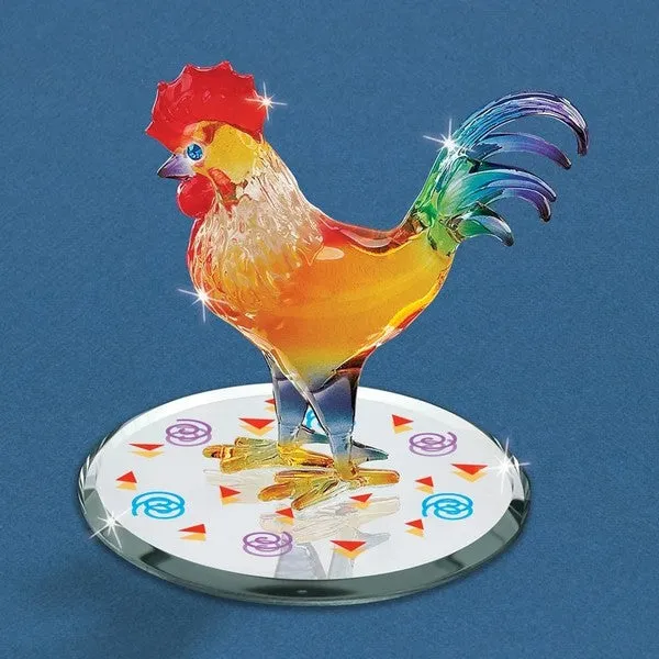 Sunrise Rooster with Blue Crystal Eyes Glass Figurine Decorative Mirror,Home Decor Mirror