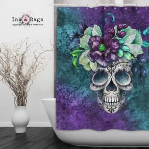 Teal and Purple Webbed Sugar Skull and Flower Shower Curtains and Optional Bath Mats Lighting,Lamps Fixtures