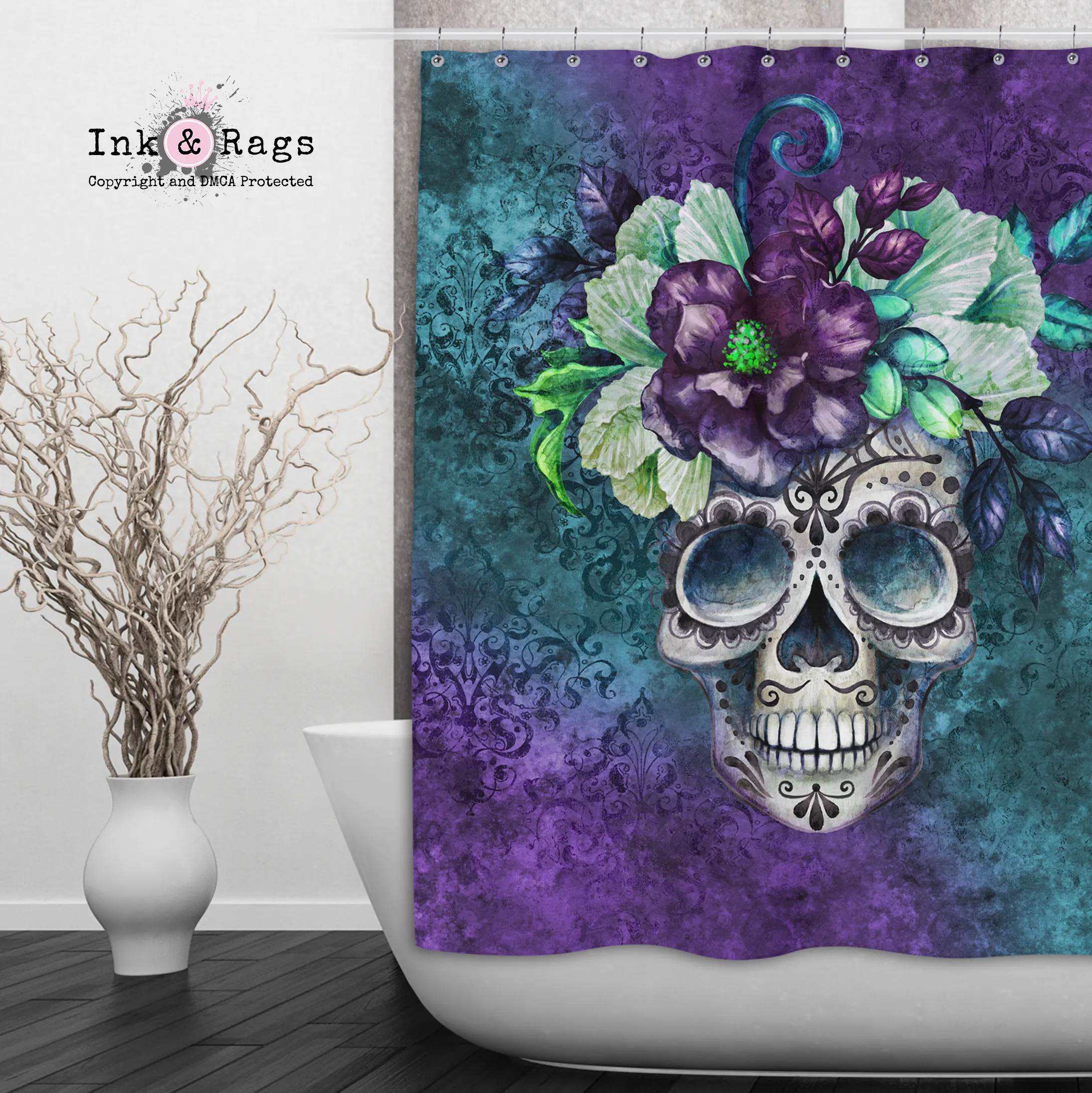 Teal and Purple Webbed Sugar Skull and Flower Shower Curtains and Optional Bath Mats Lighting,Lamps Fixtures