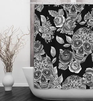 The Original Sugar Skull Black Shower Curtains and Optional Bath Mats Lighting,Lamps Fixtures
