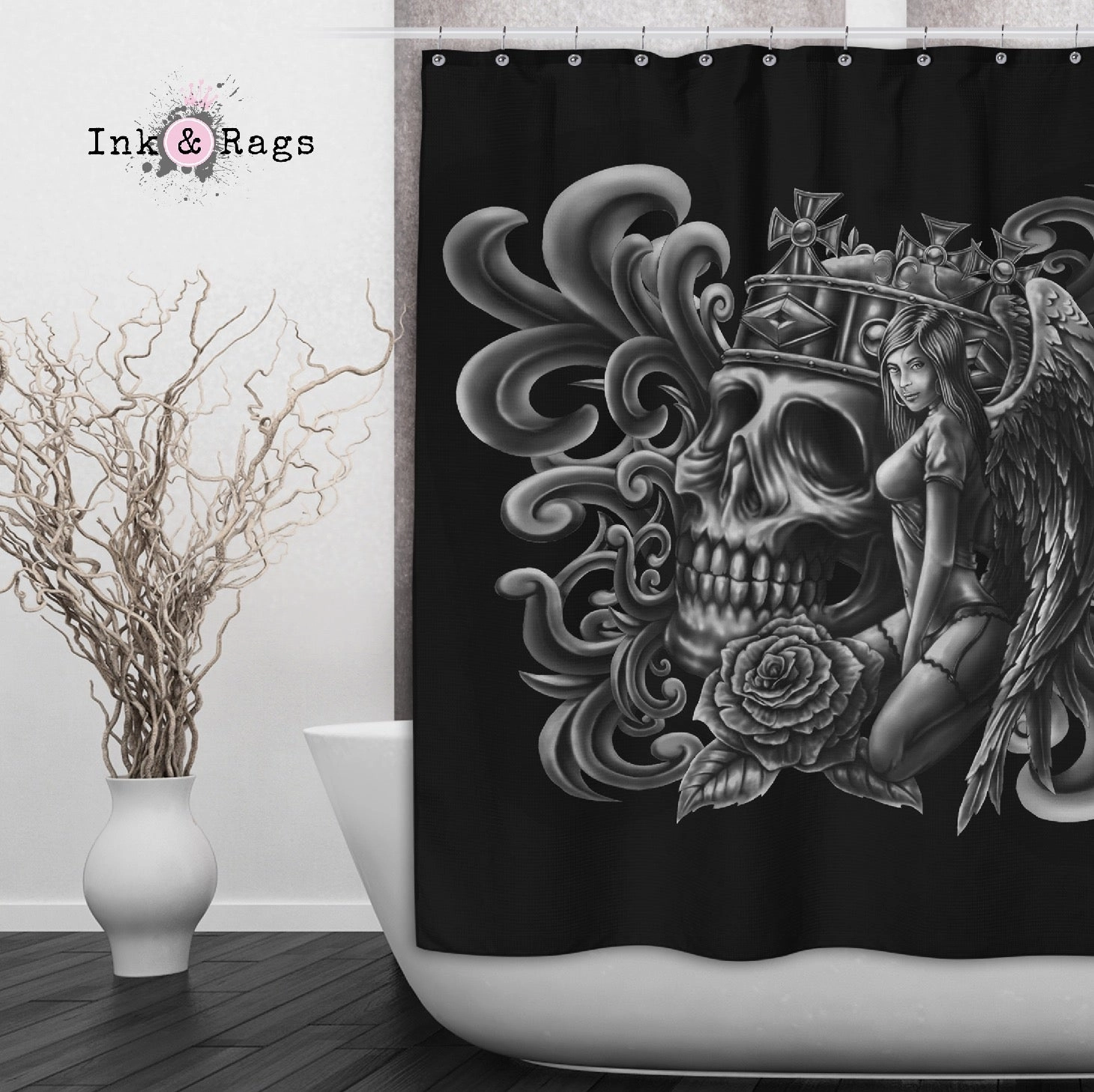 The Angel and Her King Skull Shower Curtains and Optional Bath Mats Lighting,Lamps Fixtures