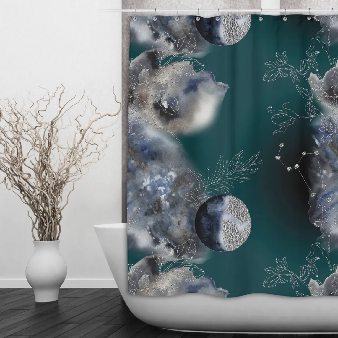 Tin Skies Teal Celestial Shower Curtains and Optional Bath Mats Lighting,Lamps Fixtures